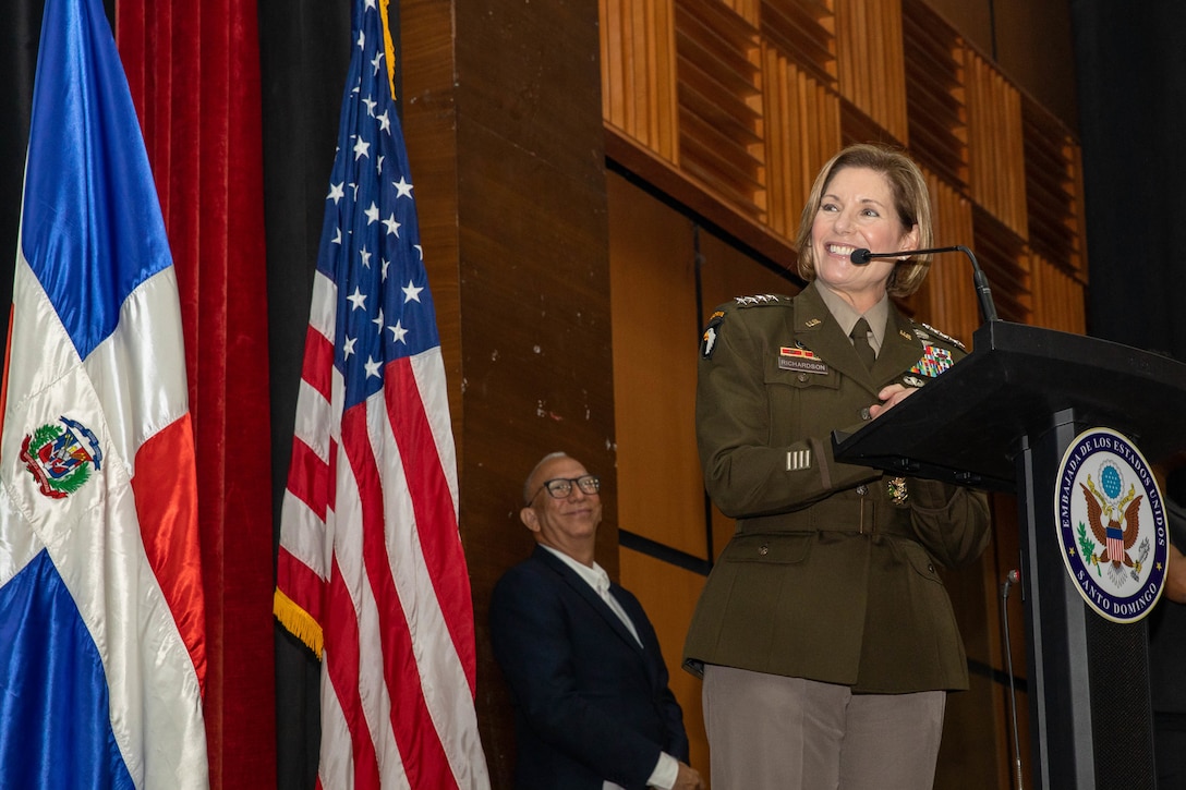 Gen. Laura Richardson, commander, U.S. Southern Command, speaks at a women’s health fair.