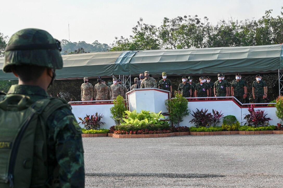 Army Maj. Gen. Joseph Ryan, the commanding general of the 25th Infantry Division, gives remarks at the opening ceremony for Hanuman Guardian 2022 at the Infantry Center, Khao Noi, Kingdom of Thailand, Feb. 24, 2022. Hanuman Guardian 2022 is the 11th iteration of the annual bilateral U.S. Army Pacific Theater Security Cooperation Program event conducted with the Royal Thai Army in coordination with United States Indo-Pacific Command. As part of the Pacific Pathways series, the goal of HG22 is to foster closer relationships, increase readiness, and enhance interoperability among service members of the U.S. Army and Royal Thai Army. (U.S. Army photo by Danielle O'Donnell)