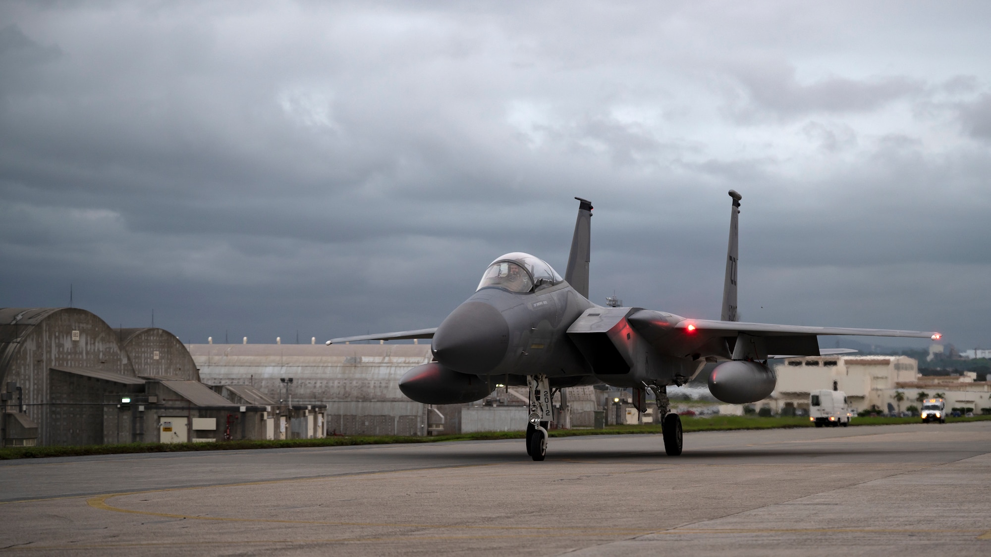 An F-15C Eagle assigned to the 44th Fighter Squadron taxis down the flightline for the final time at Kadena Air Base, Japan, Dec. 1, 2022. As a part of its modernization plan, the 18th Wing is retiring its aging fleet of F-15C/D Eagles that have been in service for more than four decades. (U.S. Air Force photo by Senior Airman Jessi Roth)