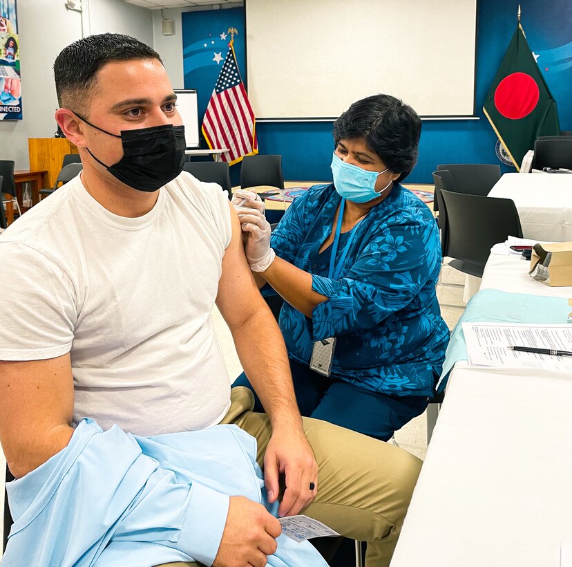 Sgt. 1st Class Jordan Trimmer receives his COVID-19 booster shot at U.S. Embassy Dhaka, Bangladesh on Dec. 7, 2021. Team 5311 helped process over 120 COVID-19 boosters to U.S. Embassy employees and staff during its time in Dhaka, Bangladesh.

Advisors from Team 5311 traveled to Dhaka, Bangladesh to participate in the Victory Day cultural program to build relationships with Bangladeshi Army counterparts. Team 5311 is the first SFAB team to travel to Bangladesh and meet with US Country Team members. Team 5311’s partnership will continue with the Bangladesh Army and USCT in preparation for exercise Tiger Lightning 2022 later this year.