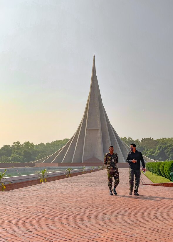 Staff Sgt. Daniel Rocha walks with a Bangladesh Army Soldier at the National Martyr’s Memorial in Dhaka, Bangladesh on Dec. 14, 2021. The National Martyr’s memorial honors those who died in the Bangladesh War of Independence in 1971.

Advisors from Team 5311 traveled to Dhaka, Bangladesh to participate in the Victory Day cultural program to build relationships with Bangladeshi Army counterparts. Team 5311’s partnership will continue with the Bangladesh Army in preparation for exercise Tiger Lightning 2022 later this year.