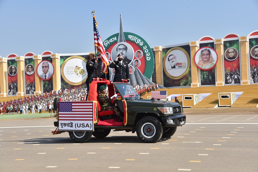 Capt. Alexander Watkins salutes the reviewing stand during the celebration of the 50th Anniversary of Bangladesh’s Victory Day in Dhaka, Bangladesh on Dec. 16, 2021. The celebration of the 50th Anniversary of Victory Day included delegations from six countries as well as contingents from every branch of the Bangladesh Armed Forces Division. The reviewing stand included the Bangladesh Chief of Army Staff, the President of Bangladesh, and the President of India.

Advisors from Team 5311 traveled to Dhaka, Bangladesh to participate in the Victory Day cultural program to build relationships with Bangladeshi Army counterparts. Team 5311’s partnership will continue with the Bangladesh Army in preparation for exercise Tiger Lightning 2022 later this year.
