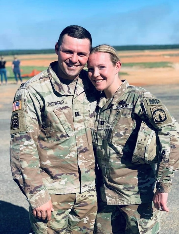 Capt. Jordan Browder and her husband, Capt. Christopher Browder after receiving her Senior Rated Jumpmaster Wings on Normandy Drop Zone, Fort Bragg, North Carolina, Apr. 30, 2019.  Capt. Jordan Browder is a Military Police Officer and currently serving with 5th SFAB as a Maneuver Team Leader in Thailand.