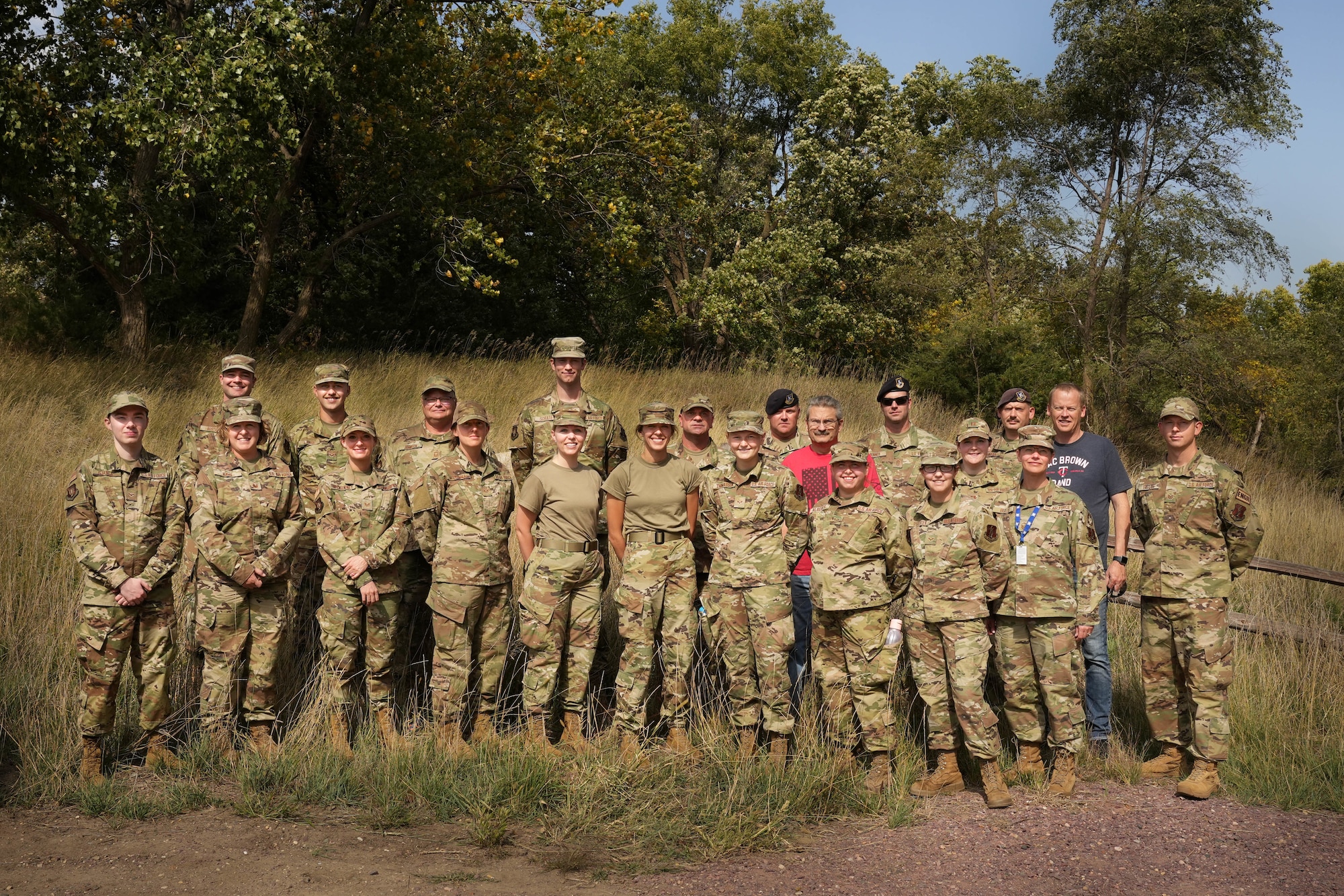 Airmen with the 114th Fighter Wing Force Support Squadron practice search and recovery procedures in various terrain during a field exercise during October’s Unit Training Assembly at Great Bear Recreation Park, Sioux Falls, South Dakota, Oct. 1, 2022. During the training, individuals used meticulous search methods to locate items that may be found in a real-world situation like personal effects and human remains. (U.S. Air National Guard photo by Staff Sgt. Jorrie Hart)