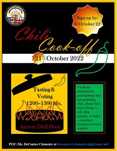 Capital Guardians, Is your chili fire? 
Sign up for the cookoff by contacting Ms. Clements. For those interested in participating and not preparing chili, please feel free to bring a side dish, garnish, or make an appropriate monetary donation towards supplies.
See you there!