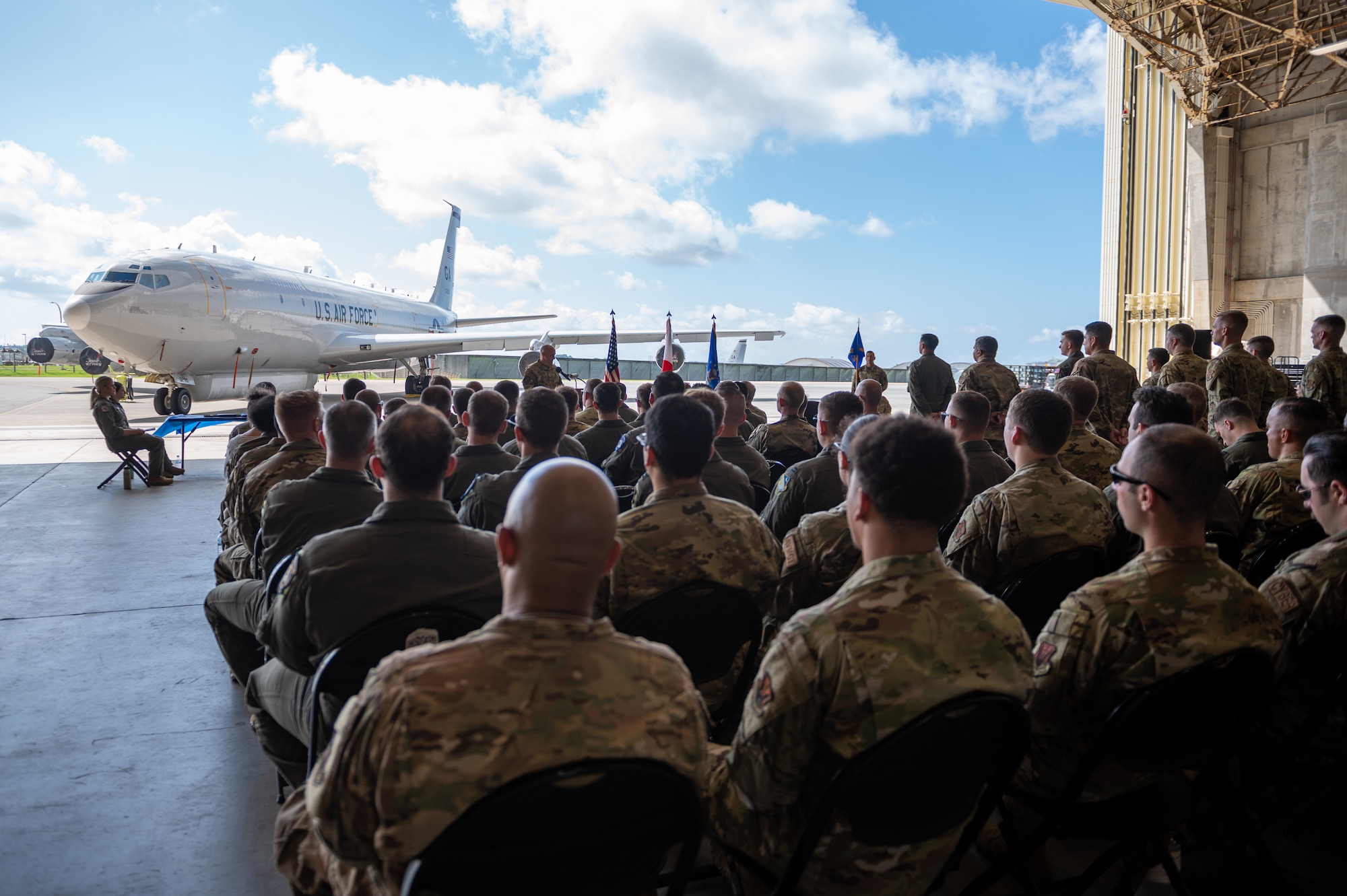 U.S. Air Force Col. Henry Schantz, 18th Operations Group commander, addresses the 5th Expeditionary Airborne Command and Control Squadron during its deactivation ceremony