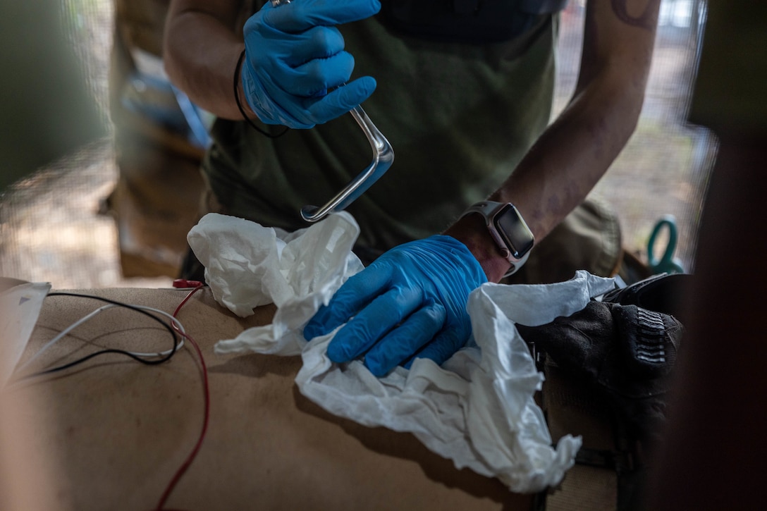 U.S. Navy Lt. Cmdr. Marissa Mayor, a general surgeon with 2nd Medical Battalion, 2nd Marine Logistics Group, in support of Special Purpose Marine Air-Ground Task Force UNITAS LXIII performs surgery at a surgical training event during exercise UNITAS LXIII in Marambaia, Brazil, Sept. 10, 2022. The training event consisted of a medical equipment presentation, a field surgery and a CASEVAC via a Brazilian armored personnel carrier. UNITAS is the world’s longest-running annual multinational maritime exercise that focuses on enhancing interoperability among multiple nations and joint forces during littoral and amphibious operations in order to build on existing regional partnerships and create new enduring relationships that promote peace, stability, and prosperity in the U.S. Southern Command’s area of responsibility. (U.S. Marine Corps photo by Lance Cpl. David Intriago)
