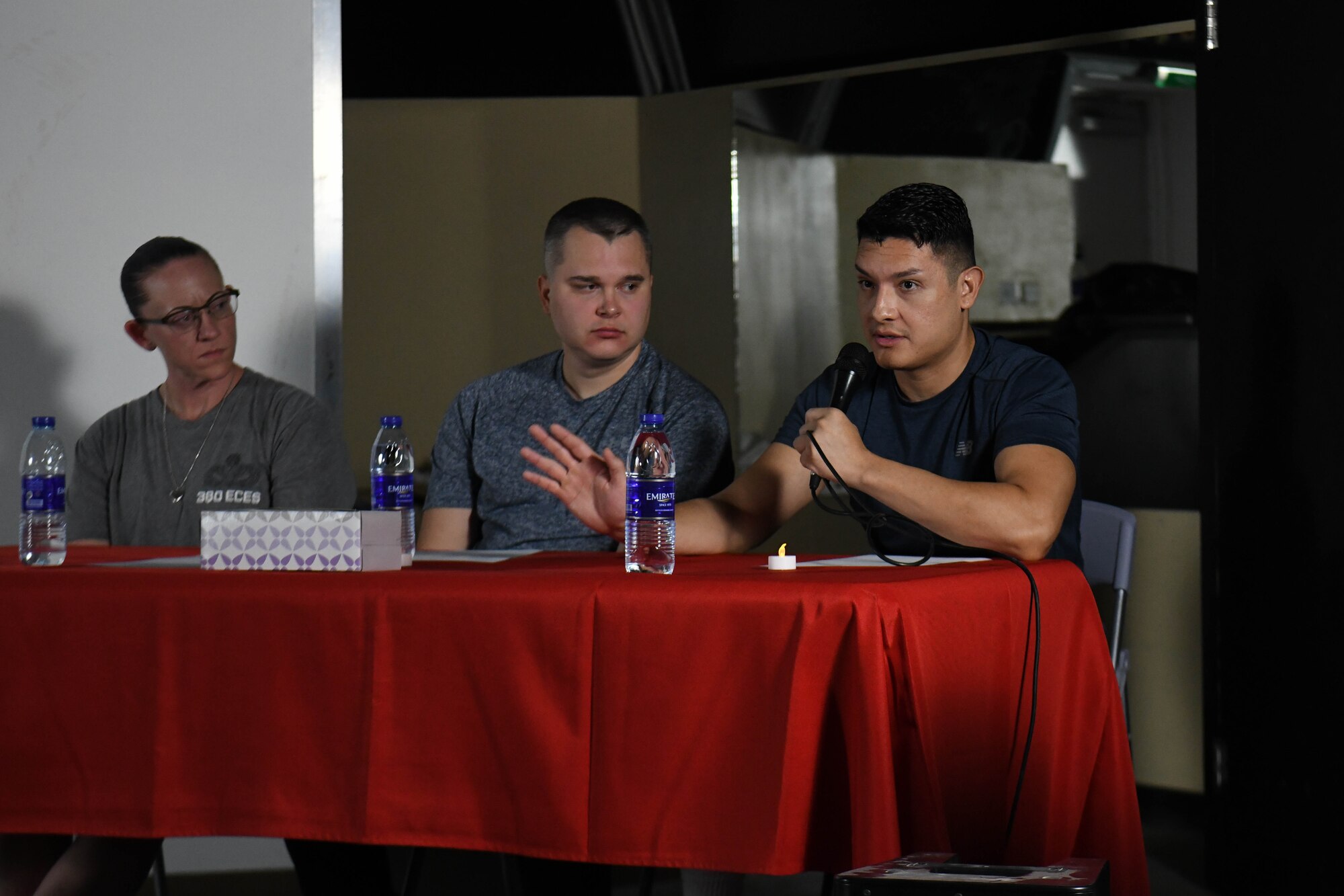 Six Airmen assigned to the 380th Air Expeditionary Wing stepped forward to share their own experiences of hardship and resiliency during a “Storytellers” event, September 21, 2022, at Al Dhafra Air Base, United Arab Emirates. Airmen spoke about their struggle with life, faith, suicide, the loss of a child, alcoholism, the war in Ukraine and sexual assault.