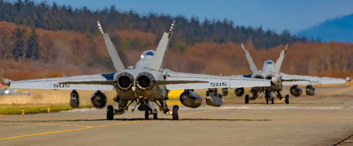 WHIDBEY ISLAND, WA (March 29, 2019) Two EA-18G Growlers from squadron VAQ-136 taxi toward the runway at Ault Field as they prepare to take off.