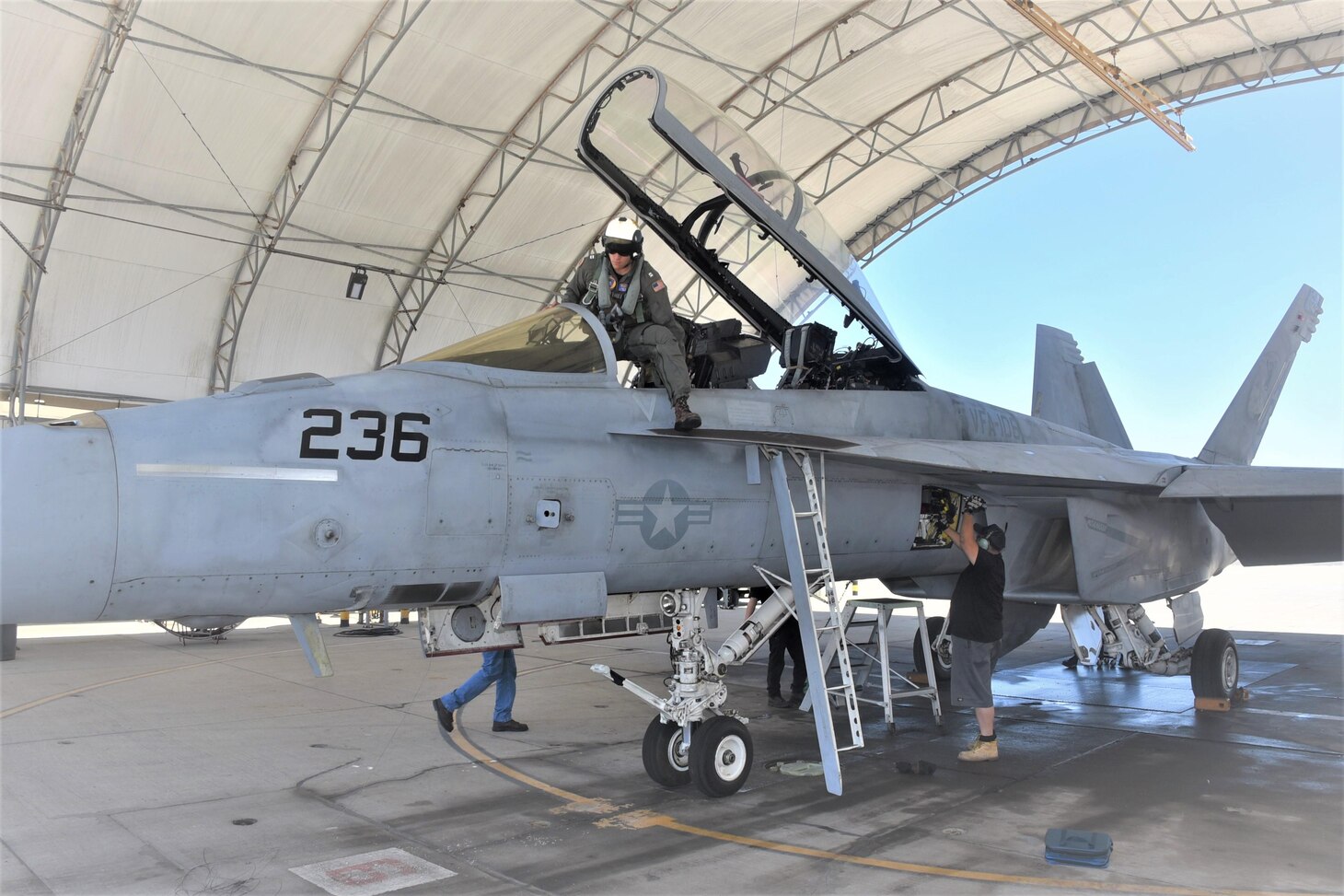 The first F/A-18 Super Hornet fighter aircraft to undergo the Service Life Modification (SLM) procedure at a naval aviation depot is pictured at the FRCSW testline June 29. The aircraft, assigned to Strike Fighter Squadron (VFA) 106, will undergo induction for the SLM that will extend the airframe’s flight hours from 6,000 to 7,500. The procedure is estimated to take about 17 months.