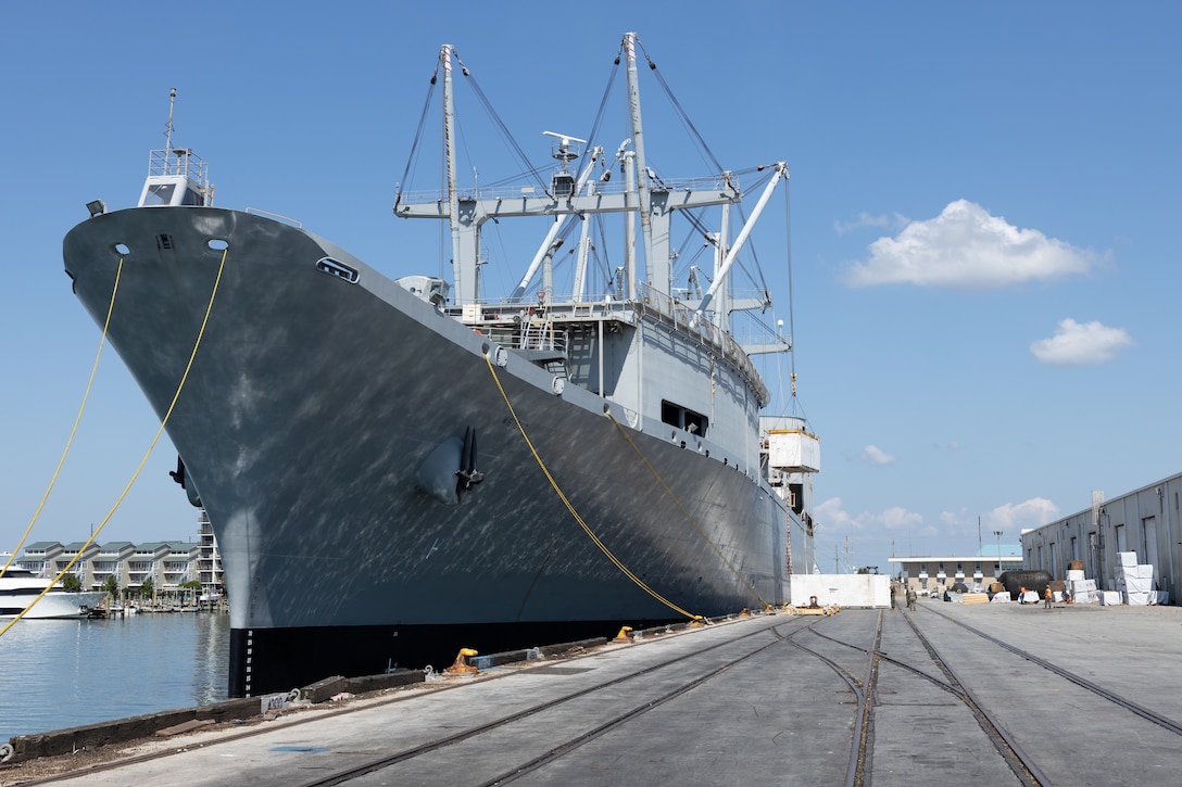 U.S. Marines with Marine Aviation Logistics Squadrons (MALS) unload cargo from the Military Sealift Command aviation-logistics support ship SS Wright (T-AVB 3) at the Port of Morehead City, North Carolina, Sept. 20, 2022. The SS Wright provides MALS with the capability to conduct intermediate aviation maintenance aboard the ship, which reduces the time required for maintenance during a deployment. The MALS are subordinate units of 2nd Marine Aircraft Wing, the Aviation Combat element of II Marine Expeditionary Force. (U.S. Marine Corps photo by Cpl. Adam Henke)