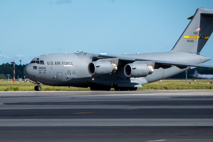 A C-17 Globemaster III Lands.