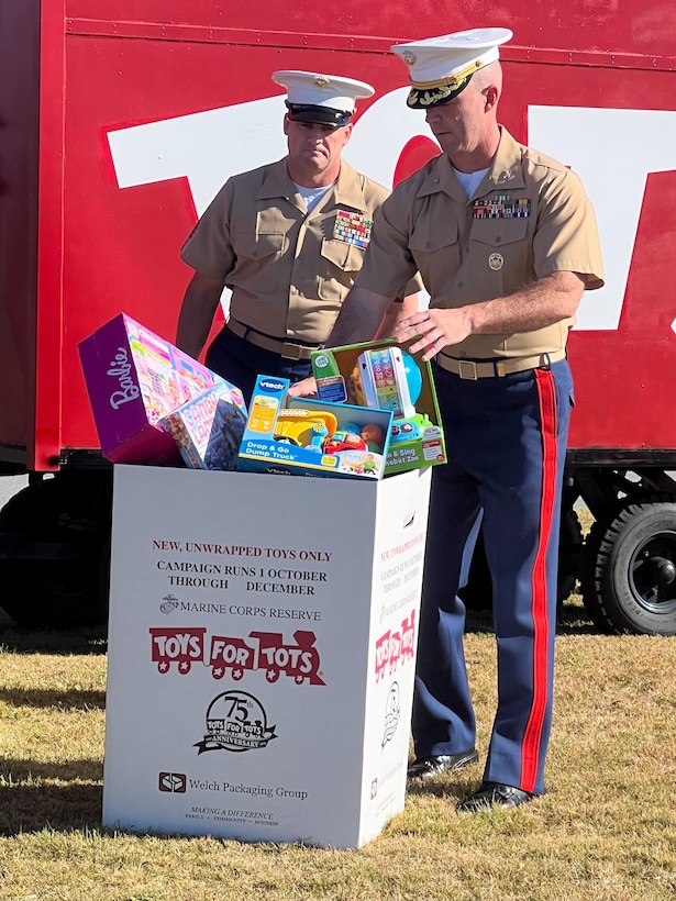 Sgt. Reginald Hammons and Cpl. Jovan Sandoval, coordinators, Toys for Tots, and Capt. Tasha Thomas, corps officer, Salvation Army, gathered aboard Marine Corps Logistics Base Albany to formally kickoff the 75th annual Toys for Tots campaign, Oct. 3.
Toys for Tots is the largest Department of Defense outreach program. It is a combined effort among the Marine Corps Reserves, local businesses and the Salvation Army to ensure less fortunate children have a Christmas this year. (U.S. Marine Corps photo by Jennifer Parks)