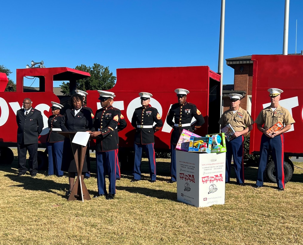 Sgt. Reginald Hammons and Cpl. Jovan Sandoval, coordinators, Toys for Tots, and Capt. Tasha Thomas, corps officer, Salvation Army, gathered aboard Marine Corps Logistics Base Albany to formally kickoff the 75th annual Toys for Tots campaign, Oct. 3.
Toys for Tots is the largest Department of Defense outreach program. It is a combined effort among the Marine Corps Reserves, local businesses and the Salvation Army to ensure less fortunate children have a Christmas this year. (U.S. Marine Corps photo by Jennifer Parks)