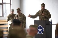 U.S. Army Maj. Gen. David B. Womack, incoming deputy commanding general for maneuver for V Corps, delivers remarks during his welcoming ceremony, Victory Honors Ceremony, at Camp Kosciuszko, Poznan, Poland, Sept. 30, 2022. Womack becomes the first deputy commanding general to join V Corps—the American command and control army element in the European Theater—in Poland since the base renaming to Camp Kosciuszko. V Corps works alongside NATO allies and regional security partners to provide combat-ready forces, executes joint and multinational training exercises, while building local community relationships. (U.S. Army photo by Staff Sgt. Alvin Reeves)