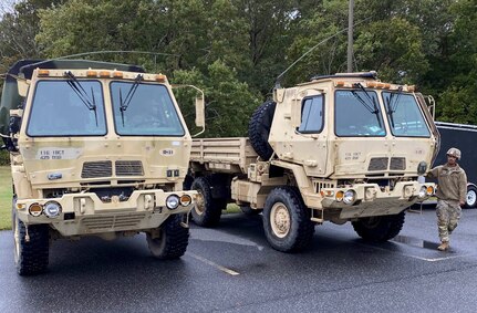 The Virginia National Guard staged eight Soldiers and four tactical trucks capable of high water transportation on the Eastern Shore of Virginia and 12 Soldiers and six trucks at readiness centers in the Hampton Roads area Oct. 3. The Guard was prepared to respond to potential severe weather if needed.
