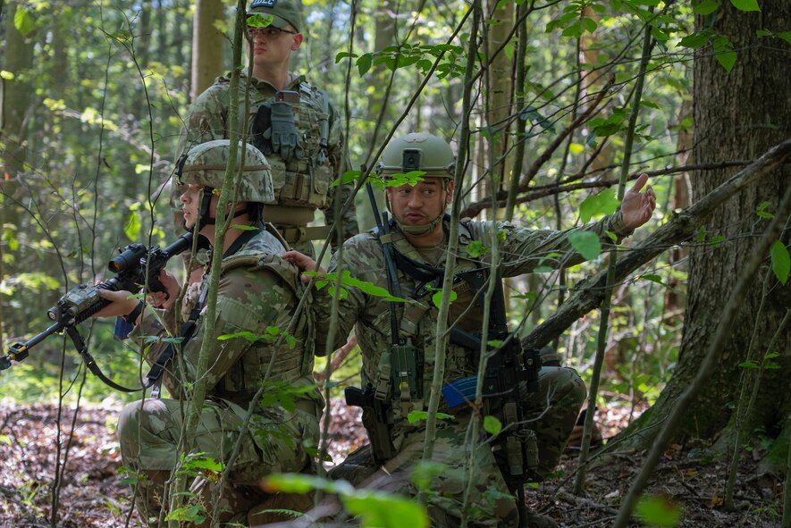 Three Airmen kneel in a forest.