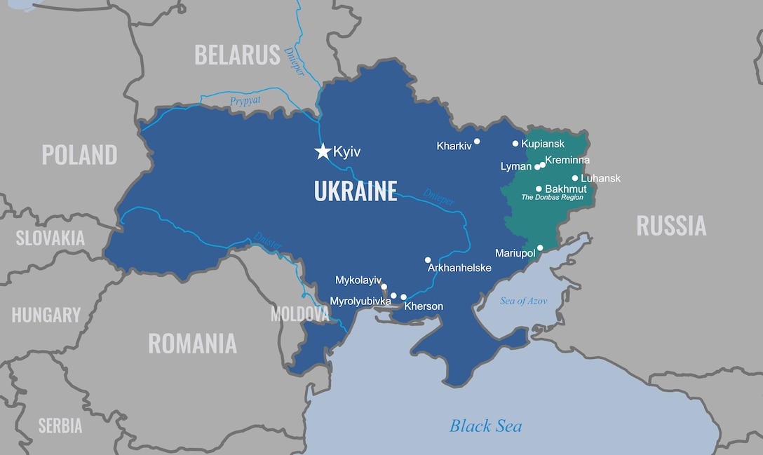 A map of Ukraine shows the locations of cities a senior military official discussed during a briefing.