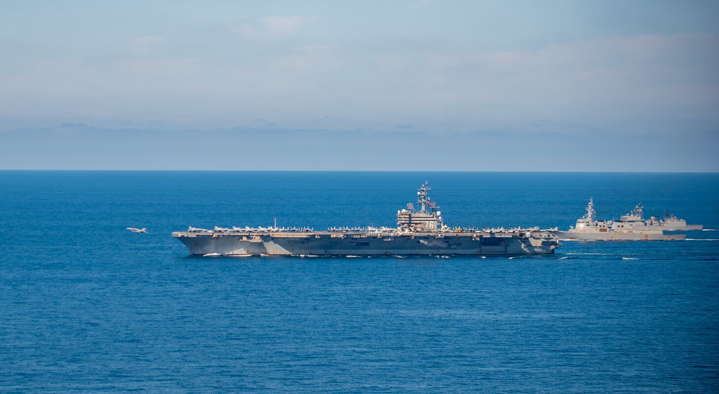 WATERS EAST OF THE KOREAN PENINSULA (Sept. 29, 2022) The U.S. Navy’s only forward-deployed aircraft carrier, USS Ronald Reagan (CVN 76), Republic of Korea (ROK) Navy ships ROKS Seoae Ryu Seon-ryong (DDG 993) and ROKS Gwanggaeto the Great (DDH 971), steam in formation in waters east of the Korean Peninsula, Sept. 29. The Ronald Reagan Carrier Strike Group (CSG) is participating with the ROK Navy in Maritime Counter Special Operations Exercise (MCSOFEX) to strengthen interoperability and training. The U.S. routinely conducts CSG operations in the waters around the ROK to exercise maritime maneuvers, strengthen the U.S.-ROK alliance, and improve regional security. (U.S. Navy photo by Mass Communication Specialist Seaman Natasha ChevalierLosada)