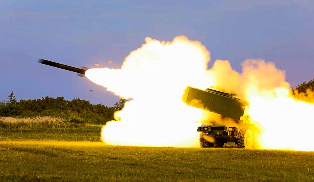 Two Reduced-Range Practice Rockets (RRPR), fired from an M142 High Mobility Artillery Rocket System (HIMARS) attached to Baker Battery, 3rd Battalion, 321st Field Artillery Regiment, 18th Fires Brigade, fly over the Baltic Sea during a Latvian-led combined military exercise in Liepāja, Latvia, Sept. 27, 2022. Soldiers of the 1st Infantry Division Artillery and the 321st FAR are working alongside NATO allies and regional security partners to provide combat-credible forces to V Corps, America's forward deployed corps in Europe. (U.S. Army photo by Spc. Ellison Schuman)