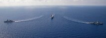 Guided-missile destroyer USS Delbert D. Black (DDG 119), right, sails with Egyptian Navy amphibious assault ship ENS Gamal Adbel Nasser (L 1010) and Egyptian Navy frigate ENS Al-Galala (FFG 1002) during a passing exercise in the Mediterranean Sea, Aug. 29.