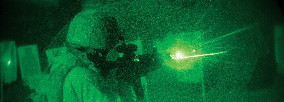 A U.S. Marine assigned to Fleet Anti-Terrorism Security Team Central Command (FASTCENT) participates in a live-fire drill at a training facility in the U.S. 5th Fleet area of operations, Aug. 14.