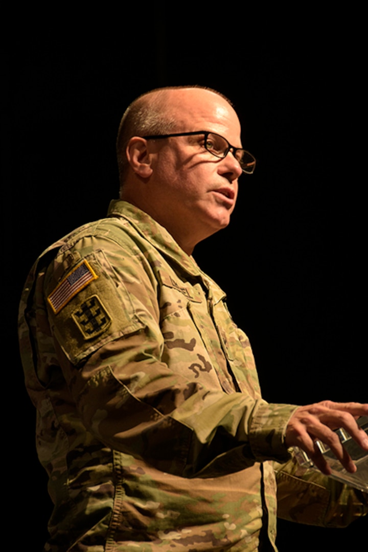Col. Eric Leckel, commander of the Wisconsin Army National Guard’s 157th Maneuver Enhancement Brigade, speaks during a formal sendoff ceremony Sept. 30, 2022, in downtown Milwaukee. Approximately 280 Soldiers from the brigade’s headquarters company and 357th Signal Company will support Operation Enduring Freedom – Horn of Africa to enhance partnerships and stability in the region.