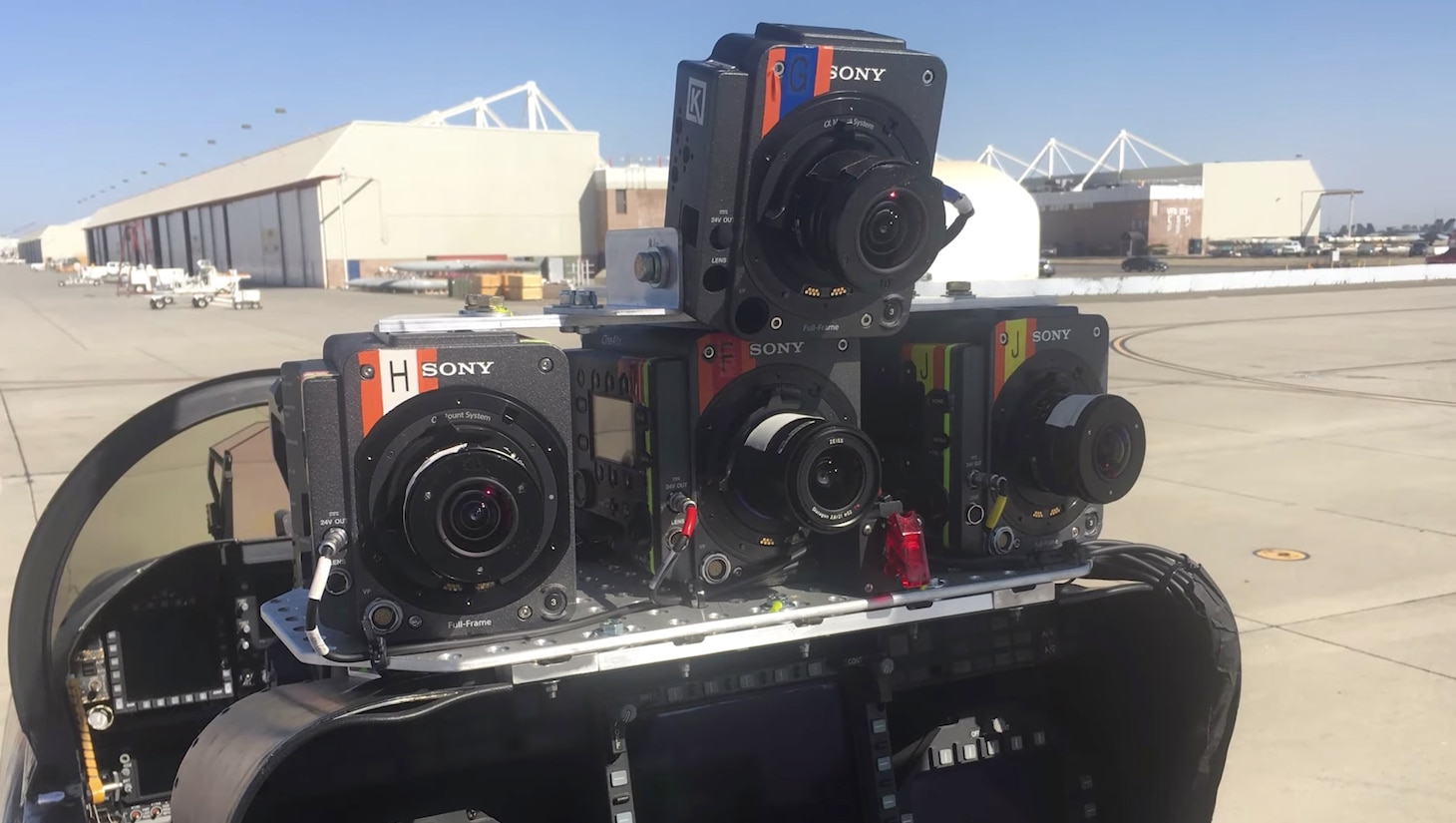 Sony Venice 6K cameras, that weigh about 8 pounds with a lens, were  installed on the aft seat’s glare shield of an F/A-18.