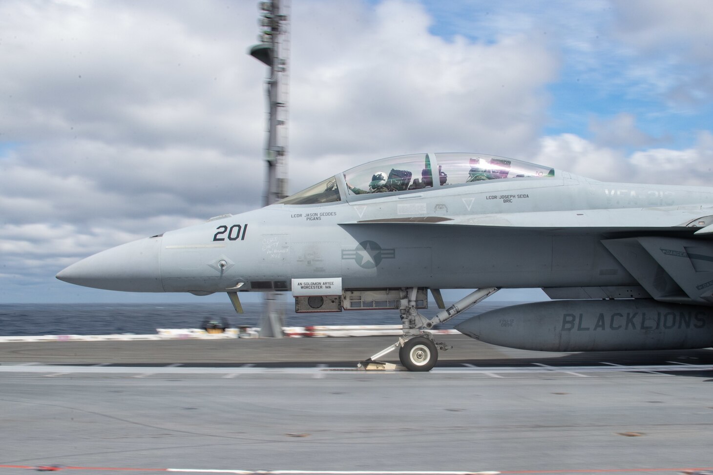 An F/A-18F Super Hornet, attached to the "Blacklions" of Strike Fighter Squadron (VFA) 213, takes off from USS Gerald R. Ford’s (CVN 78) flight deck, March 29, 2022. Ford is underway in the Atlantic Ocean conducting flight deck certification and air wing carrier qualification as part of the ship’s tailored basic phase prior to operational deployment.