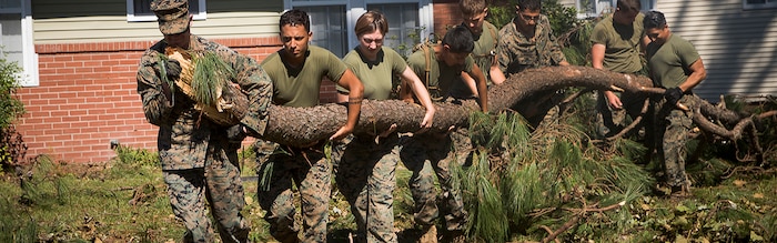 U.S. Marines assigned to II Marine Expeditionary Force Support Battalion Engineers move a large tree branch as an attempt to remove debris from a residential community aboard Camp Lejeune, N.C. caused by Hurricane Florence Sept 19, 2018. Hurricane Florence is the biggest storm to cause devastating effects to the Carolinas since 1999 with its strong winds and heavy rains. (U.S. Marines Corps photos by LCpl. Auburne D. Gipson). Cropped version of 180919-M-LK697-0090