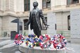 The Maj. Octavius V. Catto statue in Philadelphia is adorned with wreaths Oct. 1, 2022. Catto was a Civil War-era Pennsylvania militia officer who was killed in Philadelphia in 1871 while on duty defending African-Americans at polling places from those who opposed their right to vote. An annual award in his name is given to Pennsylvania National Guard members who distinguish themselves as leaders through community support and public service.