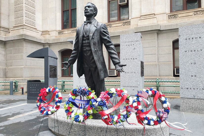 The Maj. Octavius V. Catto statue in Philadelphia is adorned with wreaths Oct. 1, 2022. Catto was a Civil War-era Pennsylvania militia officer who was killed in Philadelphia in 1871 while on duty defending African-Americans at polling places from those who opposed their right to vote. An annual award in his name is given to Pennsylvania National Guard members who distinguish themselves as leaders through community support and public service.