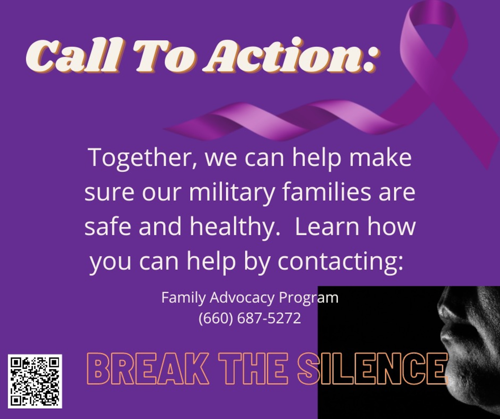 Together, we can help make sure our military families are safe and healthy. Learn how you can help by contacting: Family Advocacy Program 660-687-5272