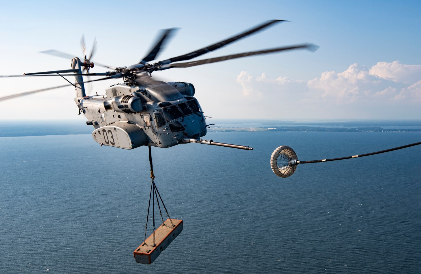 CH-53K, K3, Piloted by Mr. Rob Pupalaikis and Maj Foxton, Flies an Aerial Refueling test with an External load on 28 Sep 2020 from NAS Patuxent River, Md.