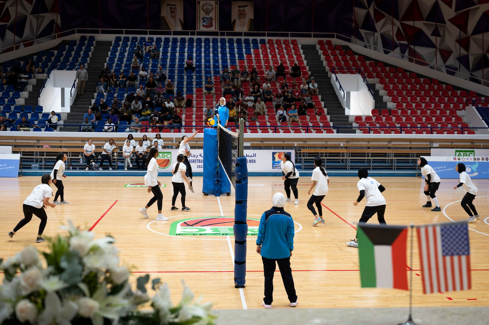 U.S. Airmen, Soldiers and Kuwait volleyball players came together to play in all-female coalition teams in an exhibition of women’s strength and empowerment at the Kuwait Sports Club, Kuwait, October 1, 2022. Six teams from Ali Al Salem Air Base, Camp Buehring, Camp Arifjan and Kuwaiti players from the Kuwait Sports Club Women’s Volleyball Team came together for a day centered around celebration and peace. (U.S. Air Force photo by Staff Sgt. Dalton Williams)