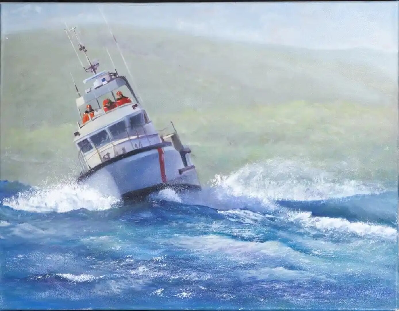 In this work from the U.S. Coast Guard Art Program 2014 Collection, "'Rollin', Rollin‚Rollin''" ID# 201401, crewmembers and their 47-foot Motor Life Boat roll in the surf during training exercises in waters near the Coast Guard station in Morro Bay, Calif. The station provides services for the Central California coast and port security coverage for a nuclear power plant and Vandenberg Air Force Base. U.S. Coast Guard Art Program work by Dennis D. Bloom.