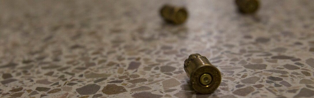 Bullet casings lay on the floor after an active shooter drill at Marine Corps Air Station Cherry Point, North Carolina, Sept. 23, 2020. The exercise simulated an active shooter threat to better prepare base personnel in case of a real-world incident. (U.S. Marine Corps photo by Lance Cpl. Jacob Bertram) Cropped version of 200923-M-KY087-1018