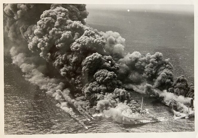 SS MAINE, tanker sunk 16 miles SSE of Cape Hatteras Light, North Carolina (taken from a Coast Guard plane from USCG Air Station, Elizabeth City, N.C.