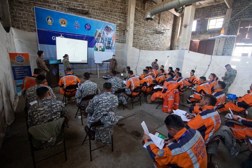 A Mongolia National Emergency Management Agency team takes notes on shoring during a disaster scenario during the field training portion of Gobi Wolf 2022 in Bayankhongor, Mongolia, Sept. 6. Gobi Wolf is a disaster response exercise conducted as a humanitarian assistance and disaster relief engagement. Participating countries also include Bangladesh, Nepal, Sri Lanka, Thailand, the United Kingdom and Vietnam. (Alaska National Guard photo by Victoria Granado)