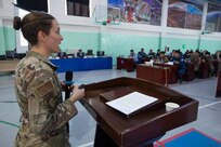 Alaska National Guard Maj. Chelsea Aspelund, chief of public affairs, 176th Wing, leads an expert academic discussion on the United Nations initiative for Women, Peace and Security during exercise Gobi Wolf 2022 in Bayankhongor, Mongolia, Sept. 6. Gobi Wolf is a multilateral humanitarian assistance and disaster relief engagement between military components of the government of Mongolia, U.S. Army Pacific and civil components. Participating countries also include Bangladesh, Nepal, Sri Lanka, Thailand, the United Kingdom and Vietnam. (Alaska National Guard photo by Victoria Granado)
