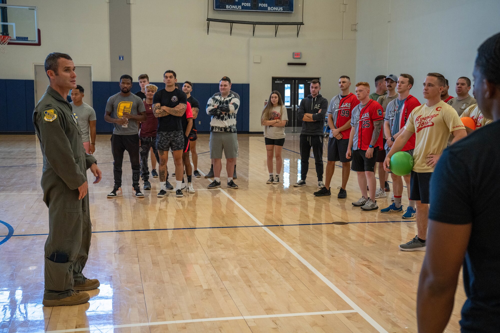 U.S. Air Force Col. Keith Young, 15th Wing vice commander, talks about the importance of suicide prevention month before the violence prevention dodgeball tournament at Joint Base Pearl Harbor-Hickam, Hawaii, Sept. 30, 2022. 15th Wing Violence Prevention Office coordinated the tournament to increase awareness of Suicide Prevention Month. (U.S. Air Force photo by Senior Airman Makensie Cooper)