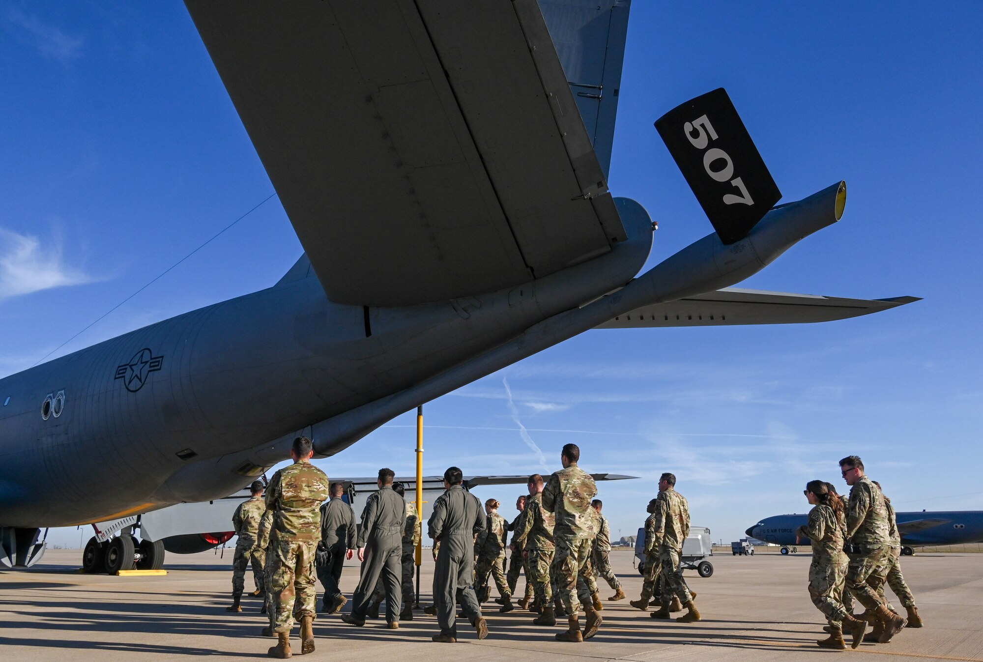 Members of the Tinker Company Grade Officer Council visit the 507th Air Refueling Wing to learn about the Air Force Reserve, the KC-135 Stratotanker and wing's aerial refueling mission October 4, 2022, Tinker Air Force Base, Oklahoma. (U.S. Air Force photo by 2nd Lt. Mary Begy)