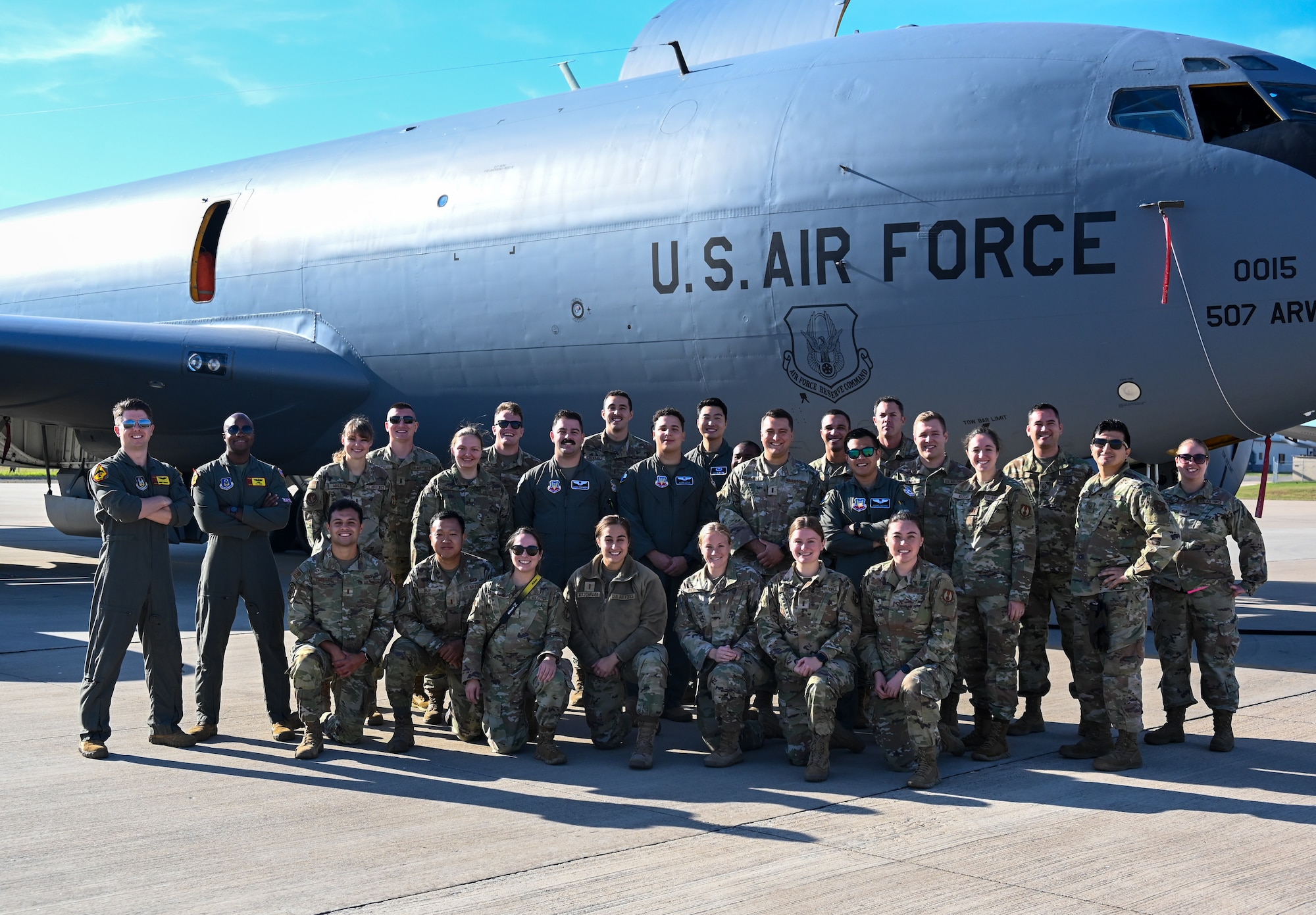 Members of the Tinker Company Grade Officer Council visit the 507th Air Refueling Wing to learn about the Air Force Reserve, the KC-135 Stratotanker and wing's aerial refueling mission October 4, 2022, Tinker Air Force Base, Oklahoma. (U.S. Air Force photo by 2nd Lt. Mary Begy)