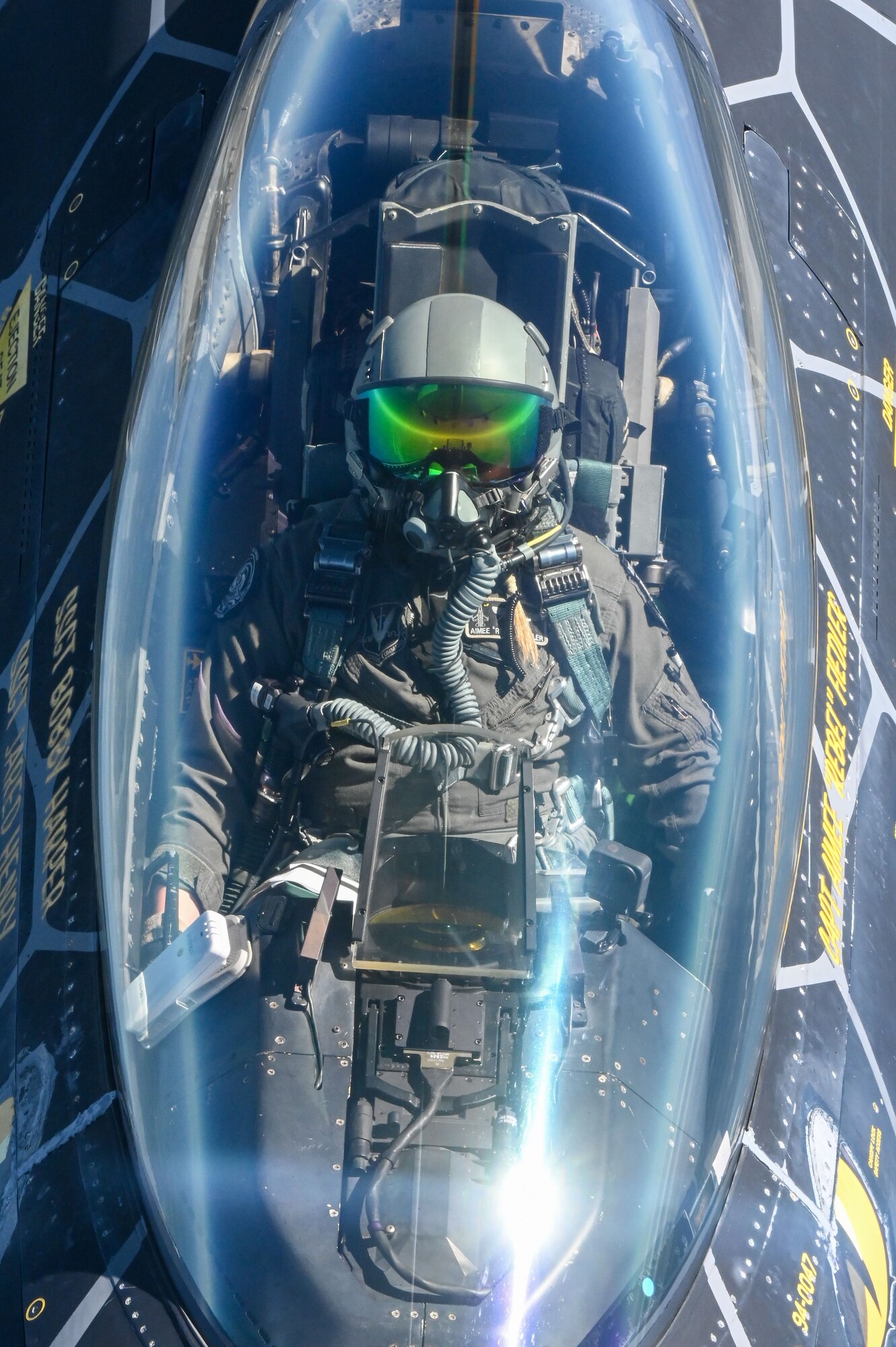 An F-16 Fighting Falcon from the Viper Demonstration Team at Shaw Air Force Base (AFB), South Carolina, receives fuel from a KC-135 Stratotanker from Altus AFB, Oklahoma, Sept. 29, 2022. The cockpit and its bubble canopy give the pilot unobstructed forward and upward vision, and greatly improved vision over the side and to the rear. (U.S. Air Force photo by Senior Airman Kayla Christenson)