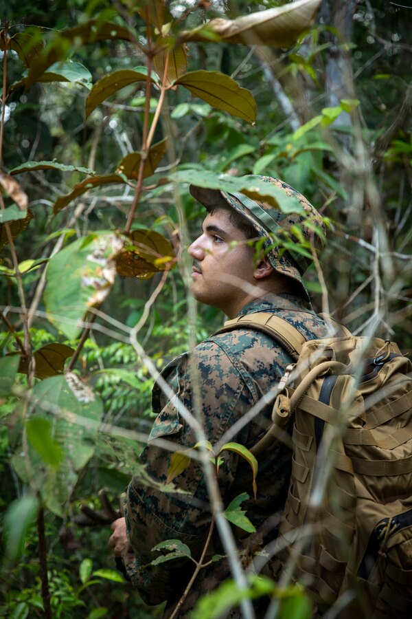 U.S. Marine Corps Pfc. Matthew Kritzrios, an infantry Marine with 2d Battalion, 2d Marine Regiment, 2d Marine Division, patrols during a raid scenario as part of a bilateral jungle training event in Manaus, Brazil, Sept. 27, 2022. Throughout the training event, U.S. Marines applied tactics and knowledge given to them by the Brazilian Marines, who regularly operate in the Amazon jungle. The U.S. integrates with partners by building trust, strengthening interoperability through training and equipment, and reinforcing a shared vision of prosperity and hemispheric security. (U.S. Marine Corps photo by Sgt. Camila Melendez)