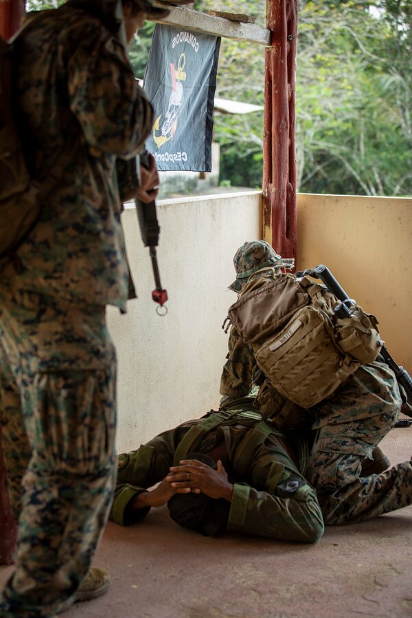 U.S. Marine Corps Pfc. Kane Waite, an infantry Marine with 2d Battalion, 2d Marine Regiment, 2d Marine Division, detains a simulated enemy combatant during a raid scenario as part of a bilateral jungle training event in Manaus, Brazil, Sept. 27, 2022. Throughout the training event, U.S. Marines applied tactics and knowledge given to them by the Brazilian Marines, who regularly operate in the Amazon jungle. The U.S. integrates with partners by building trust, strengthening interoperability through training and equipment, and reinforcing a shared vision of prosperity and hemispheric security. (U.S. Marine Corps photo by Sgt. Camila Melendez)