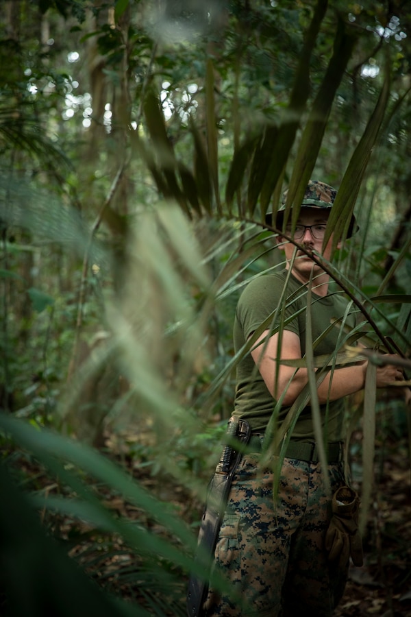 U.S. Marine Corps Cpl. Ethan Smith, an infantry Marine with 2d Battalion, 2d Marine Regiment, 2d Marine Division, fixes palm tree leaves for a fire shelter as part of a bilateral jungle training event in Manaus, Brazil, Sept. 28, 2022. Throughout the training event, U.S. Marines applied tactics and knowledge given to them by the Brazilian Marines, who regularly operate in the Amazon jungle. Exercises and bilateral training events like Brazil’s jungle training provide the opportunity for U.S. Marines to train alongside partner forces in unique and complex environments to develop and improve readiness. Training in austere locations provide the opportunities to develop skills that are critical to force readiness and employment in the future operating environment. (U.S. Marine Corps photo by Sgt. Camila Melendez)