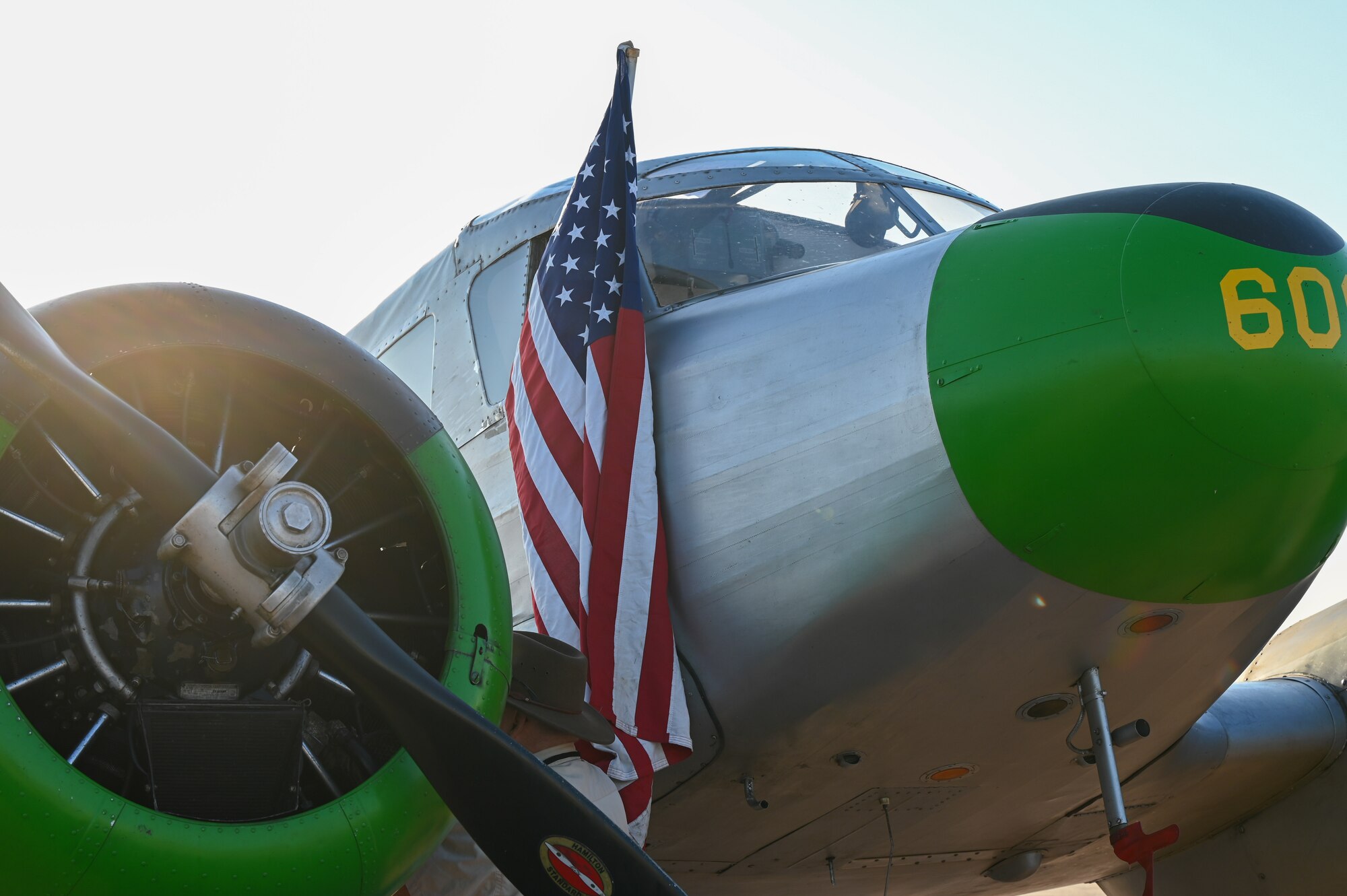 A UC-78 Jayhawk Wing sits on the flightline at Altus Air Force Base, Oklahoma, Oct. 1, 2022, during the Red River Thunder airshow. The U.S. Army Air Corps used the UC-78 as an advanced multi-engine trainer during World War II. (U.S. Air Force photo by Senior Airman Kayla Christenson)