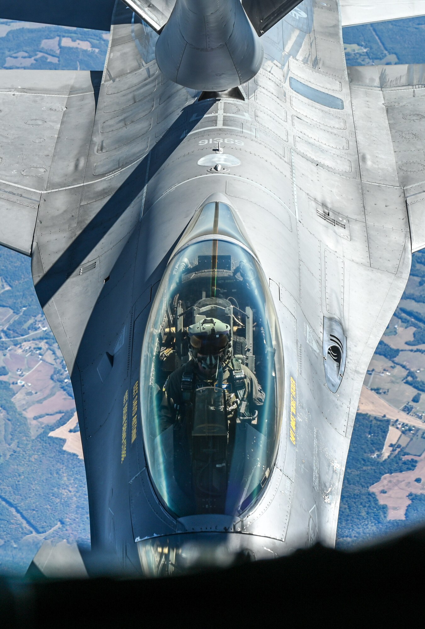 An F-16 Fighting Falcon from Shaw Air Force Base (AFB), South Carolina, receives fuel from a KC-135 Stratotanker from Altus AFB, Oklahoma, Sept. 29, 2022. In an air combat role, the F-16's maneuverability and combat radius have historically exceeded that of all potential adversary fighter aircraft. (U.S. Air Force photo by Senior Airman Kayla Christenson)