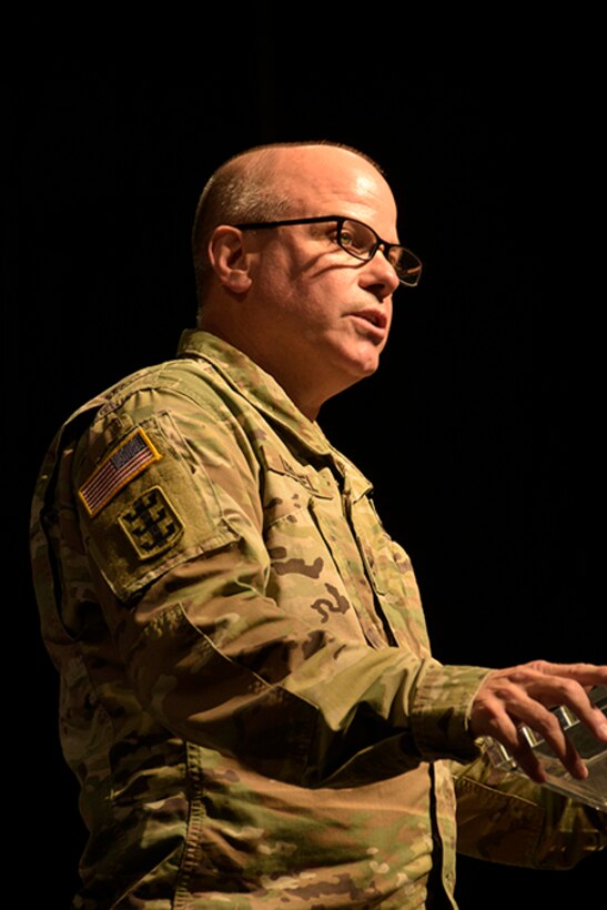 Col. Eric Leckel, commander of the Wisconsin Army National Guard’s 157th Maneuver Enhancement Brigade, speaks during a formal sendoff ceremony Sept. 30, 2022, in downtown Milwaukee. Approximately 280 Soldiers from the brigade’s headquarters company and 357th Signal Company will support Operation Enduring Freedom – Horn of Africa to enhance partnerships and stability in the region.